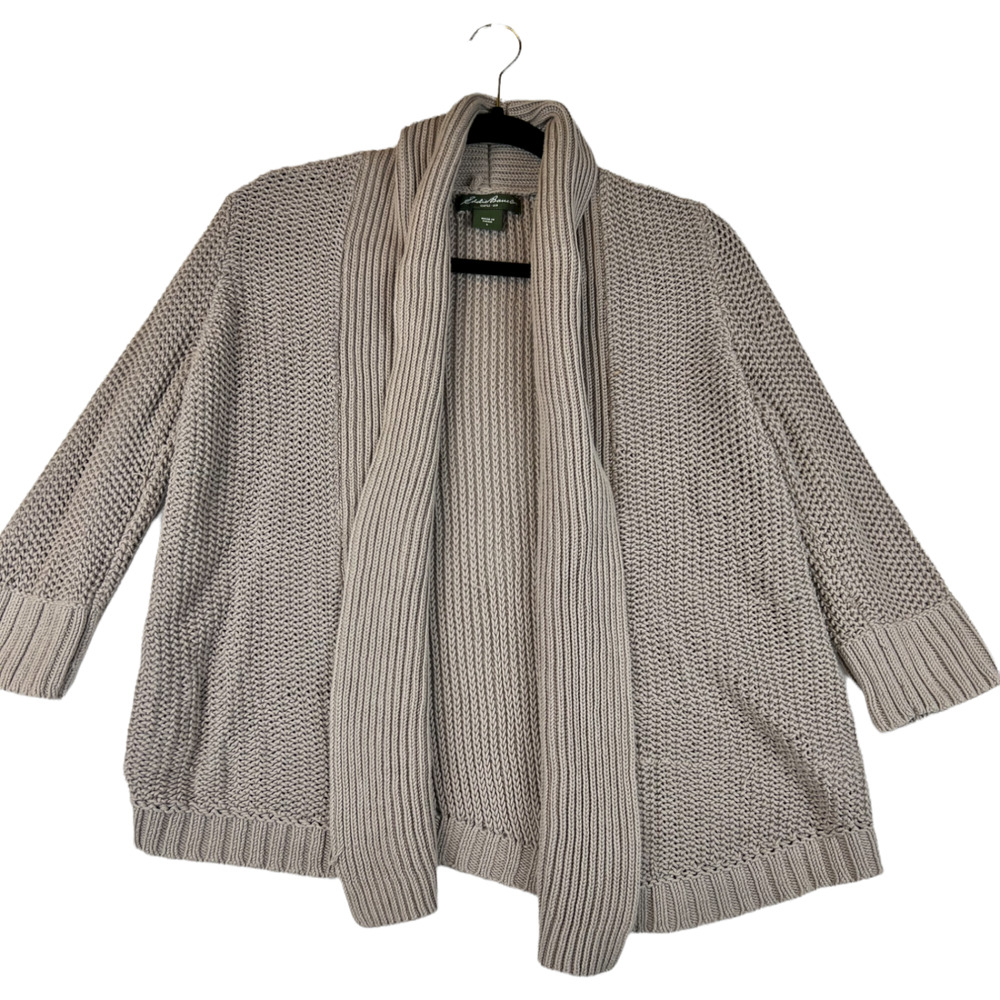 Eddie Bauer Cardigan Women's Large Beige Open Front Long Sleeve Curved Hem